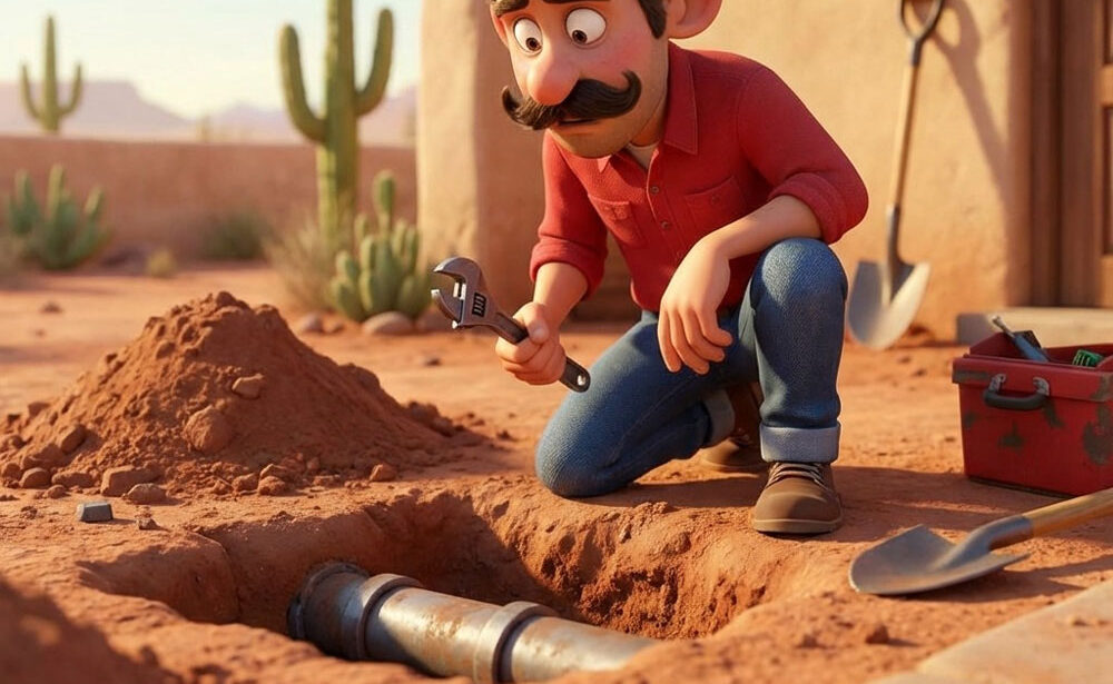 Animated plumber inspecting a sewer line with a wrench in a desert setting, highlighting trenchless repair techniques for plumbing solutions.