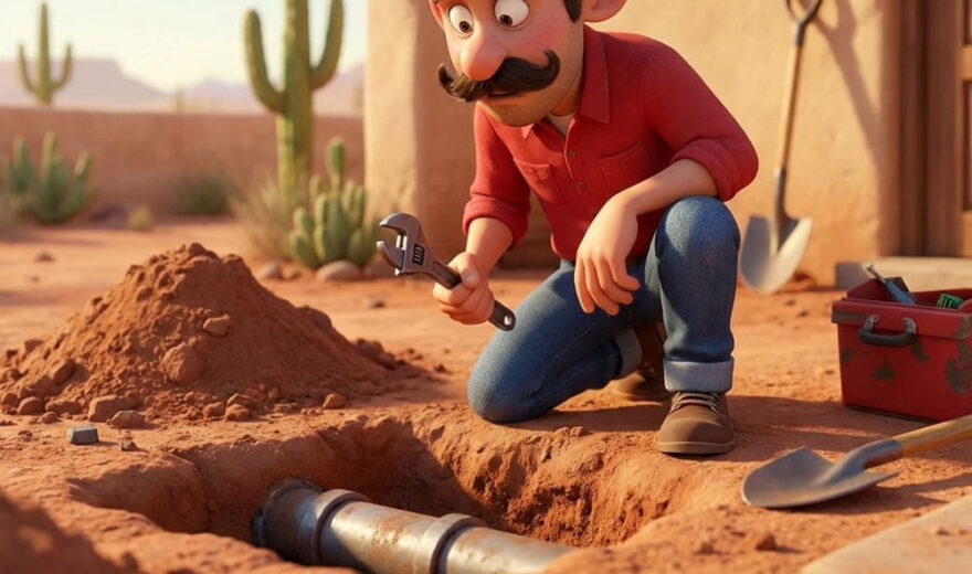 Cartoon plumber using a wrench to repair a sewer line in a desert setting, surrounded by cacti and tools, representing plumbing services offered by Turd Busters Plumbing.