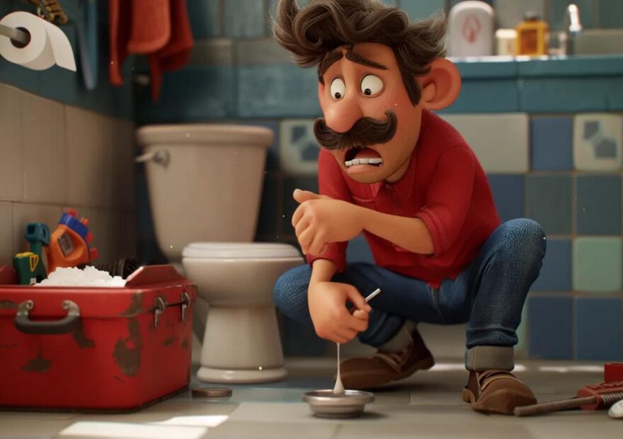 Animated plumber looking concerned while fixing a drain in a bathroom, with tools and cleaning supplies nearby, highlighting plumbing issues related to slow drains.