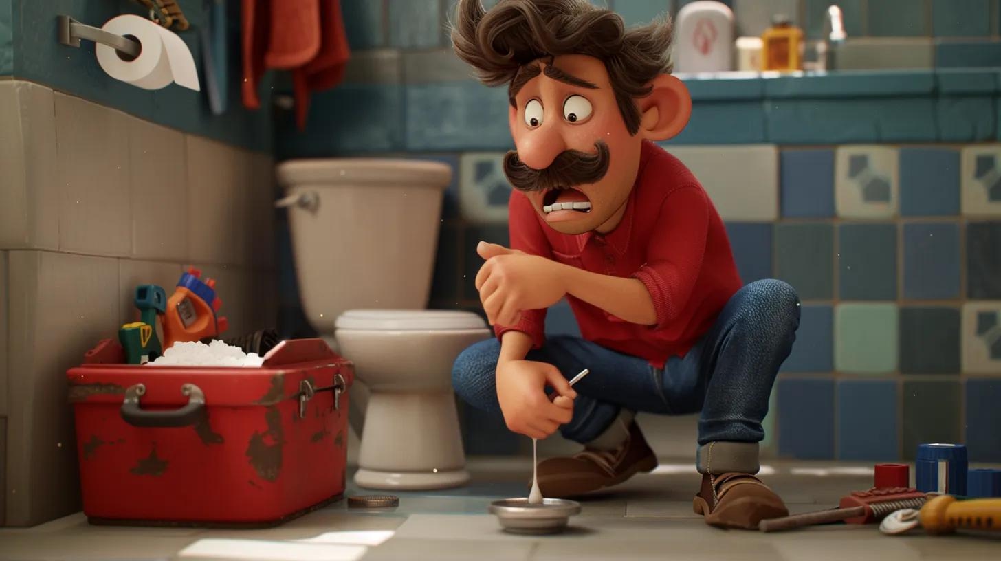 Animated plumber looking concerned while working on a plumbing issue in a bathroom, surrounded by tools and a toolbox, emphasizing emergency plumbing services.
