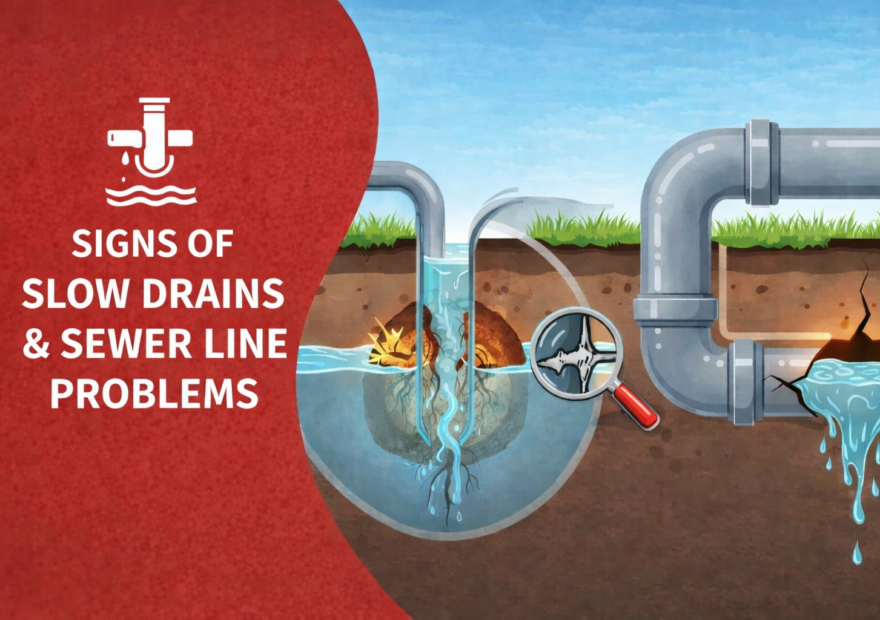 Signs of slow drains and sewer line problems with illustrated pipes, water flow, and a magnifying glass highlighting blockages.