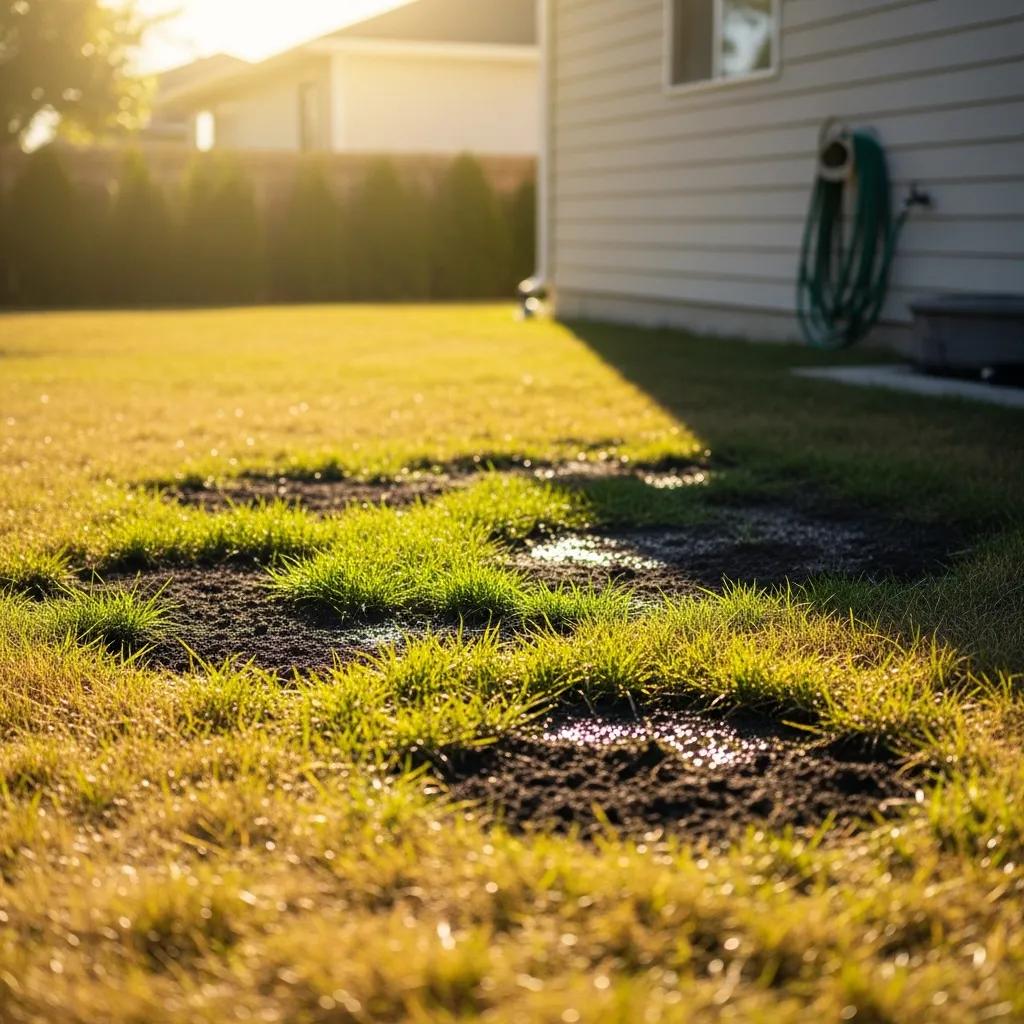 Backyard with wet spots indicating potential sewer line issues