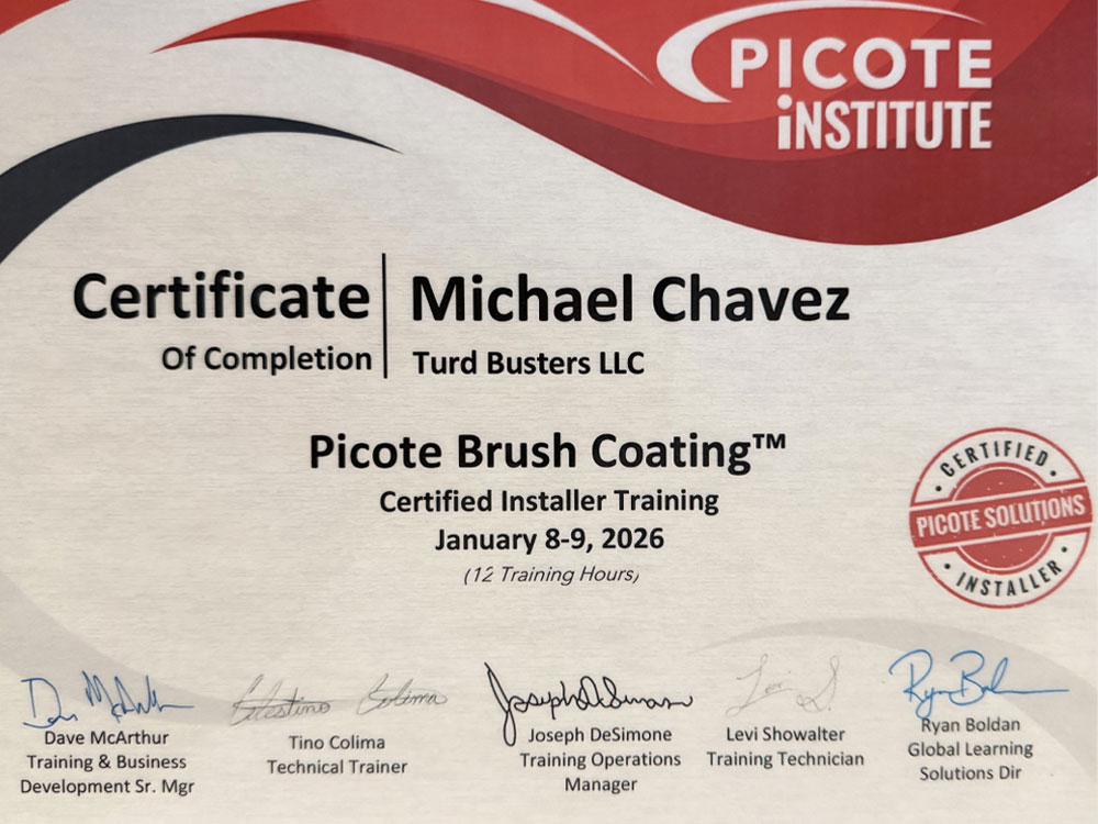 Certificate of completion for Michael Chavez from Turd Busters LLC, detailing training in Picote Brush Coating™ at Picote Institute, dated January 8-9, 2026, with signatures from training personnel, emphasizing certification for plumbing services.